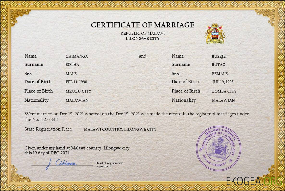 Modèle PSD de certificat de mariage du Malawi